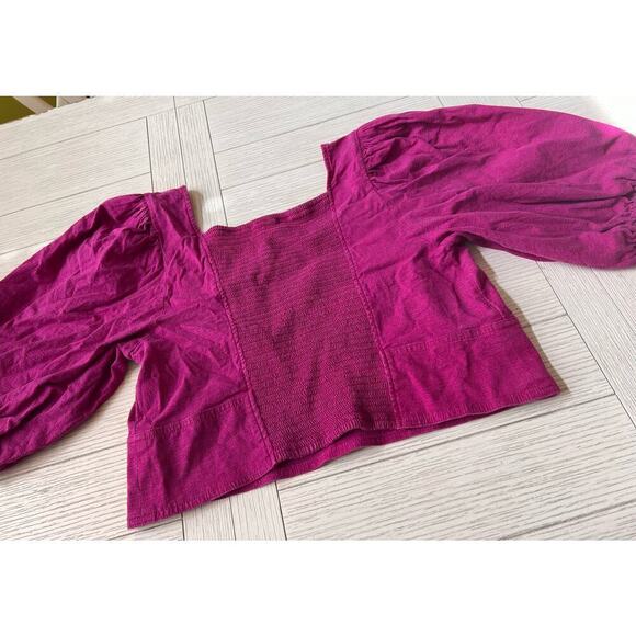 Express linen blend crop top w/ bubble sleeves, smocked back in berry pink. XL - Picture 7 of 7